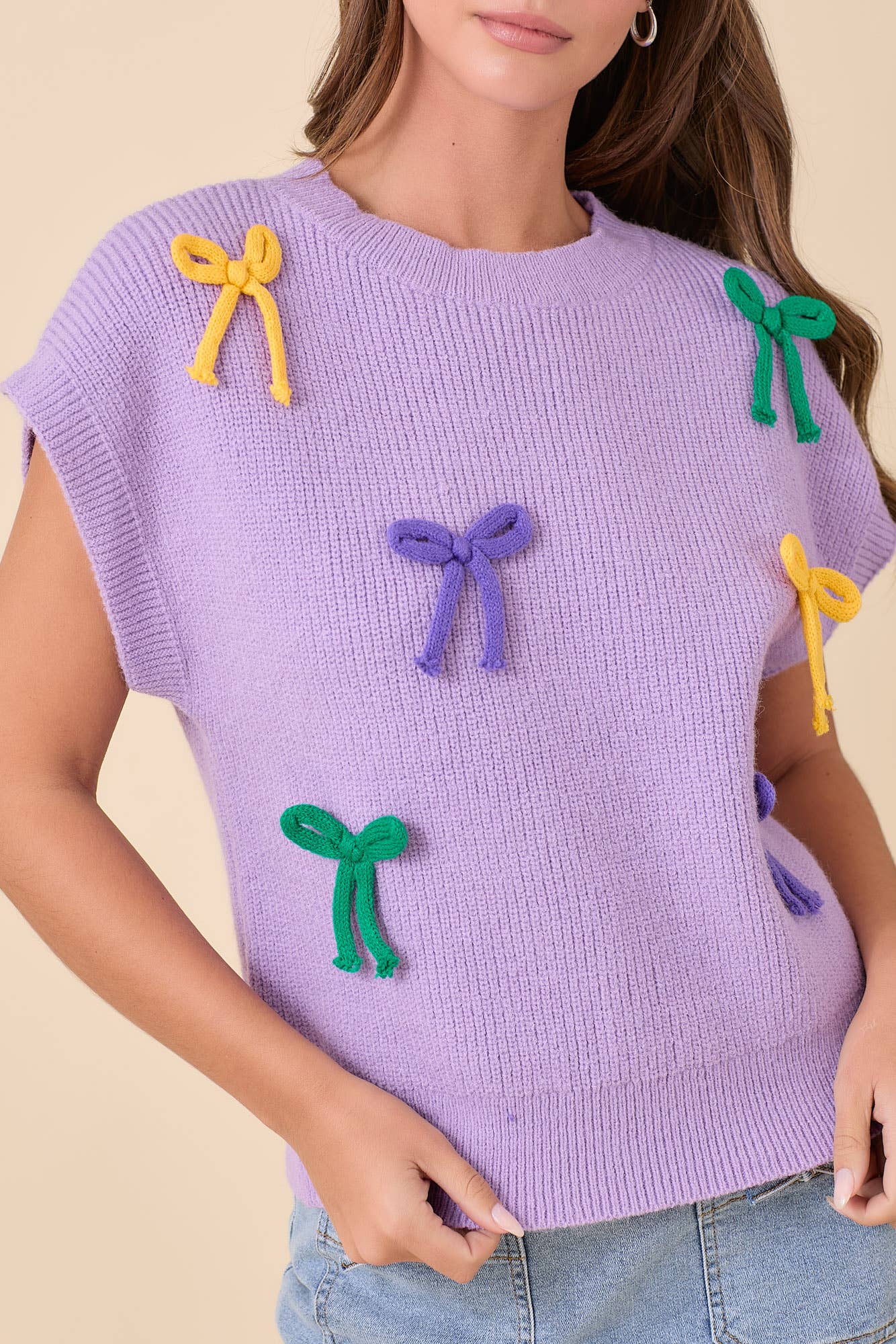 Mardi Gras Ribbon Bow Knit Top | Purple/Large