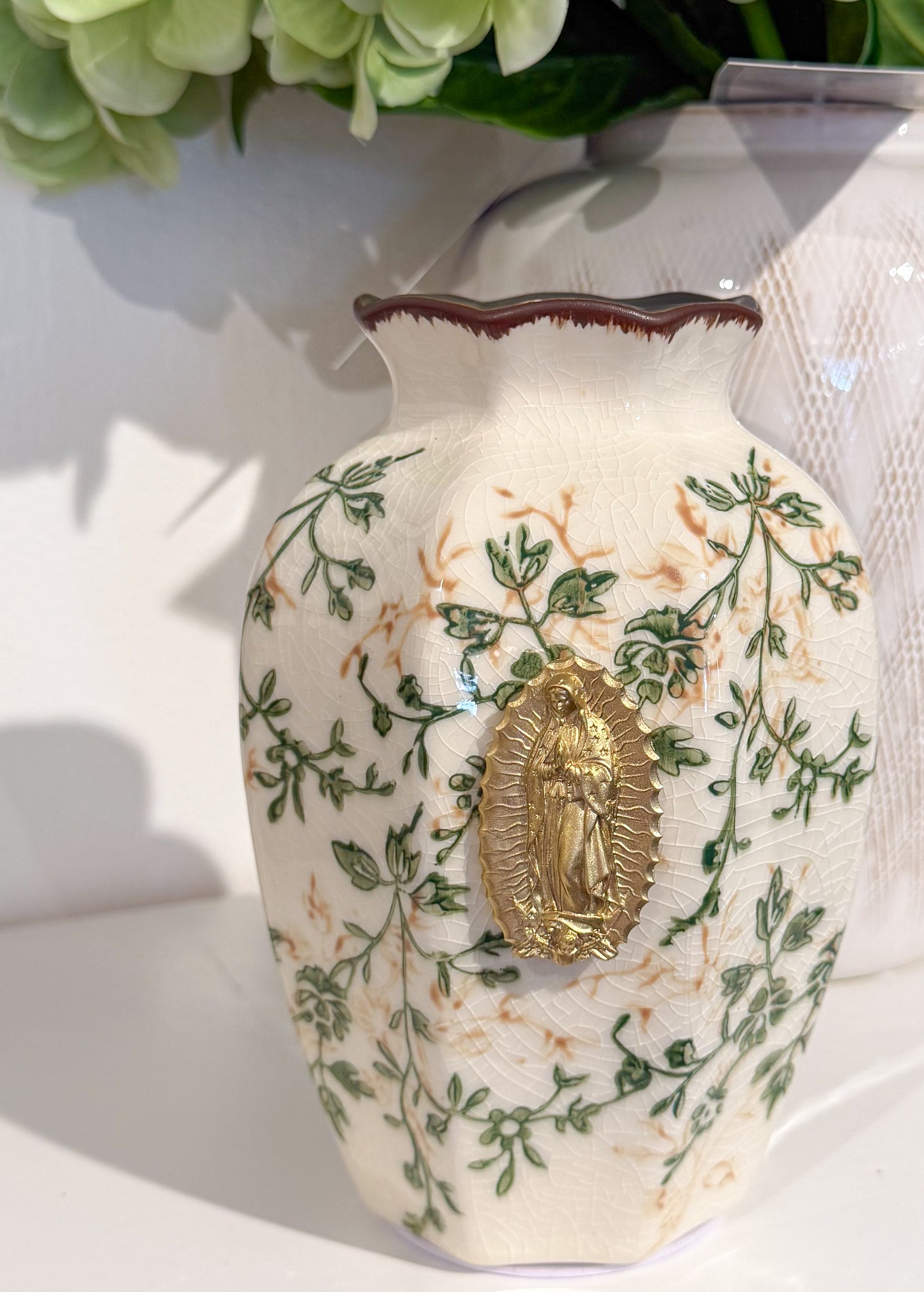 Our Lady of Guadalupe Intaglio on Green/Beige Vase