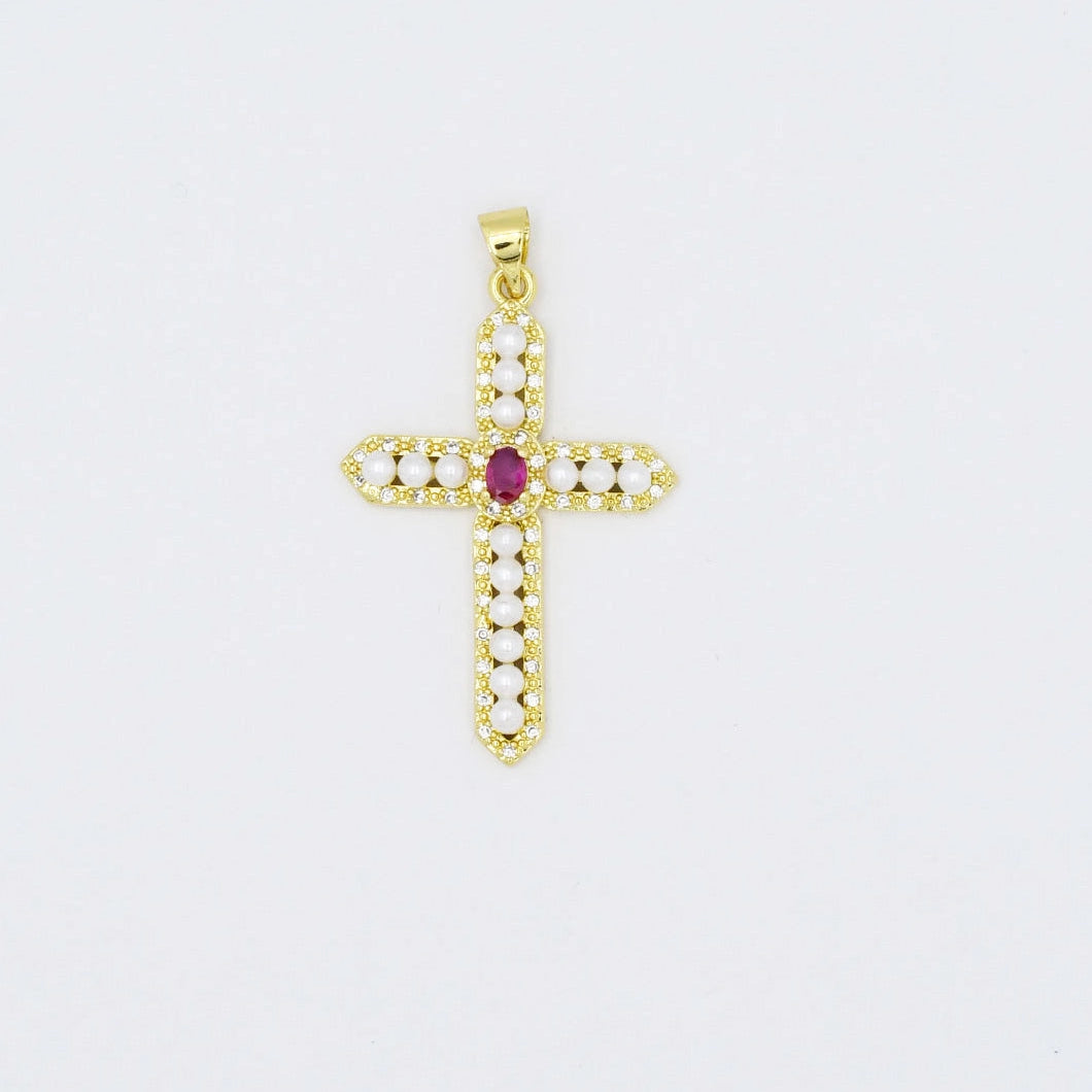 Pearl Gem Cross Charm |Rose