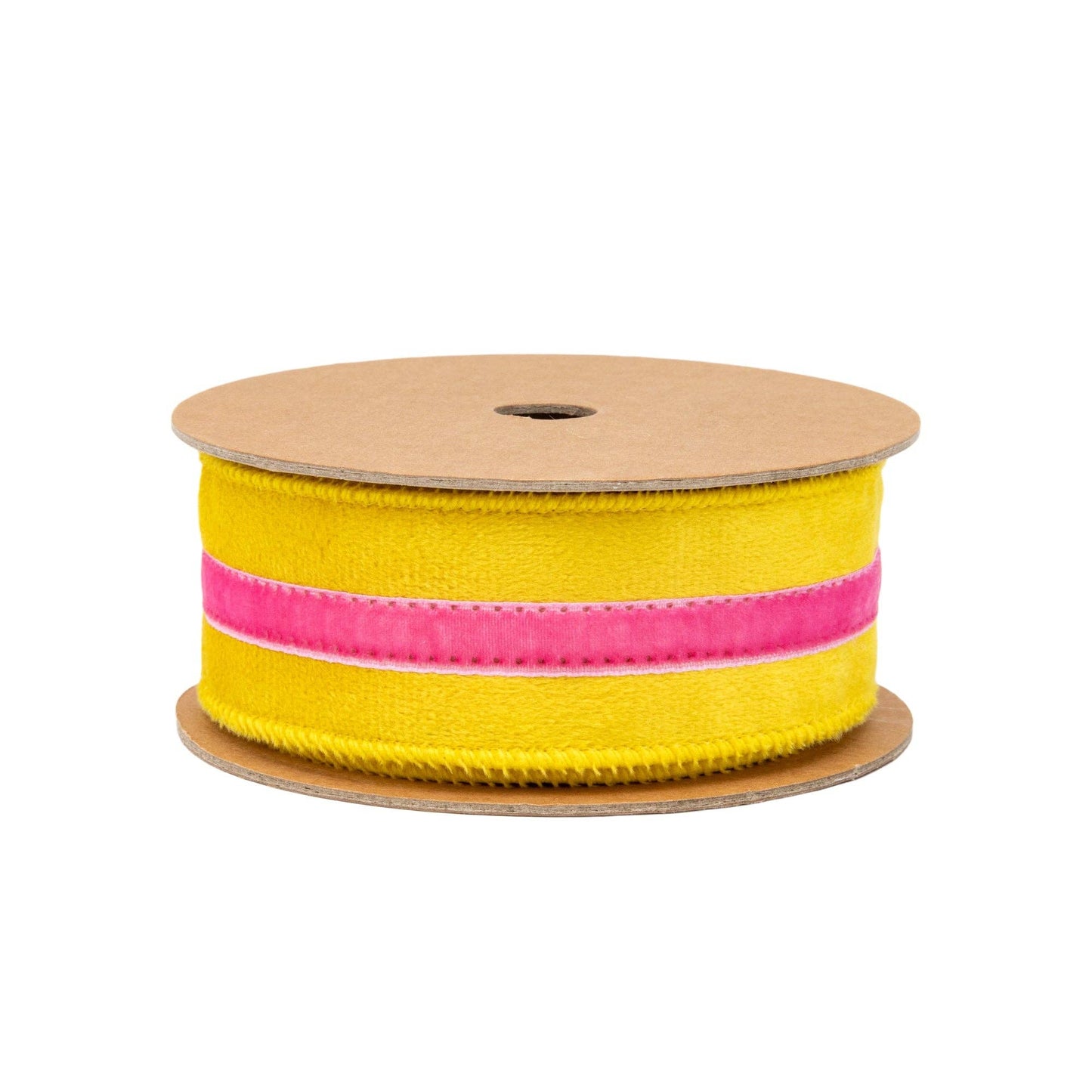 1.5" Wired Velvet Ribbon w/ Trim | Yellow w/ Pink Trim