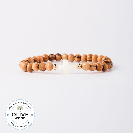 Holy Water Olive Wood Cross Bracelet | Gold Spacer Beads