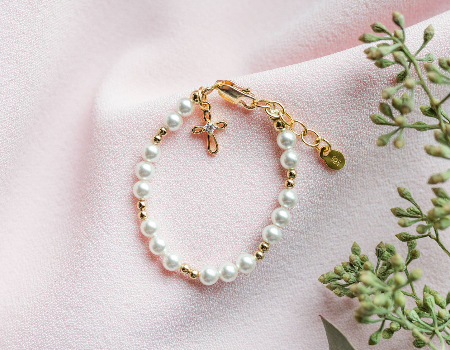 14K Gold-Plated/Pearl Cross Bracelet | 0-12m