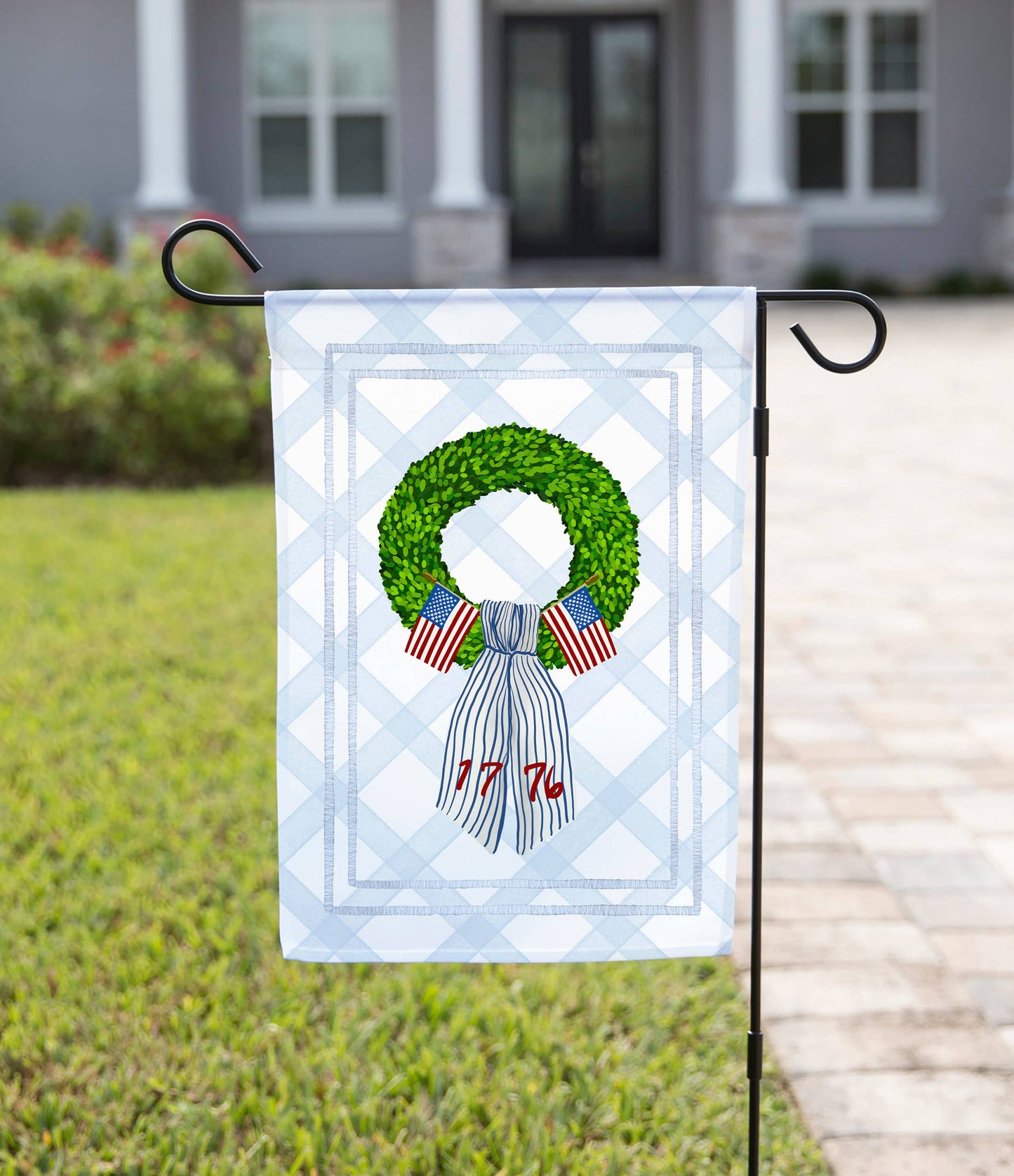 Patriotic Boxwood Wreath Garden Flag