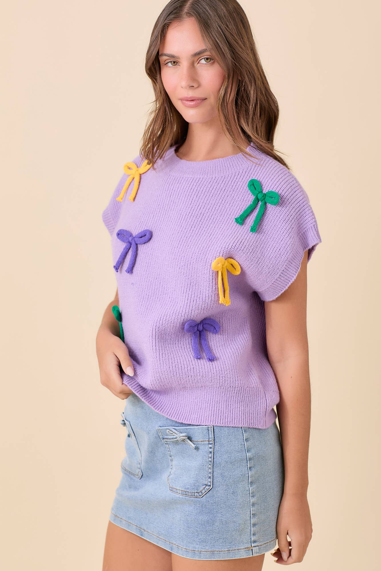 Mardi Gras Ribbon Bow Knit Top | Purple/Large