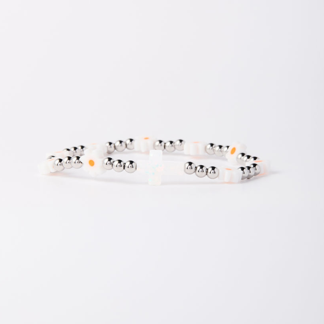 Holy Water Daisy Cross Bracelet | Silver