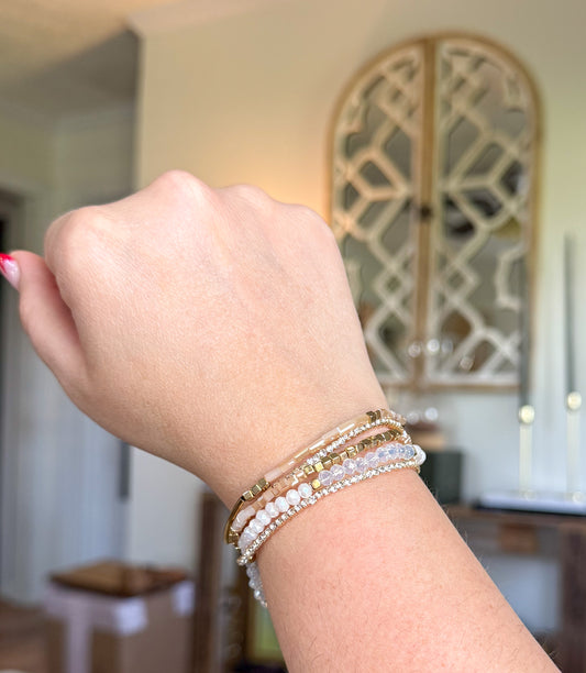 Mixed Bead & CZ Crystal Bracelet Stack | Gold