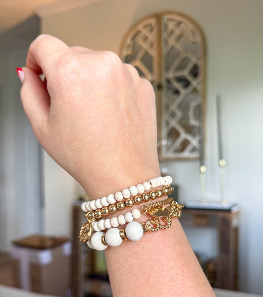 Cream Wood Bead & Gold Bracelet Stack