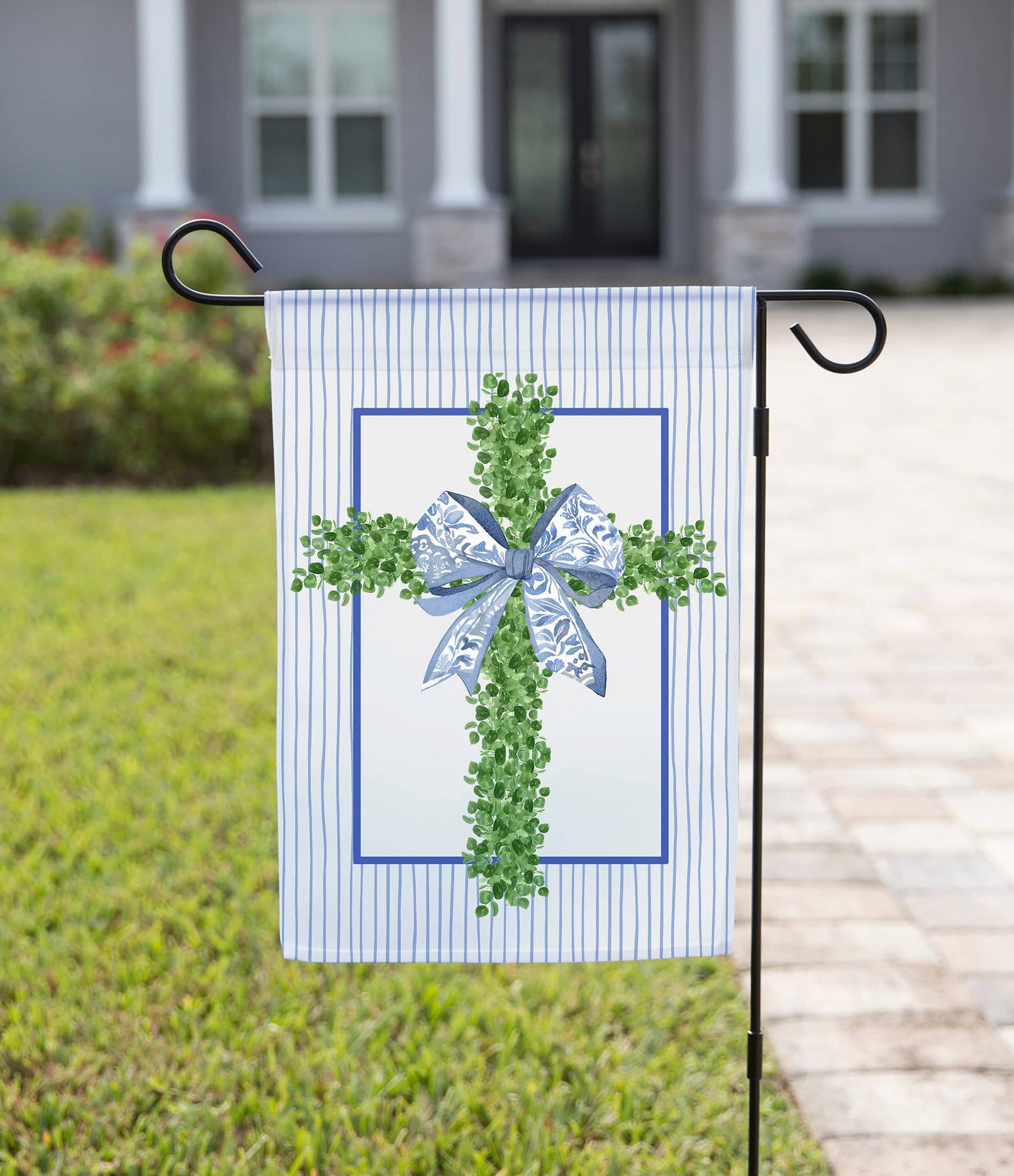 Shrub Cross with Blue Bow Garden Flag