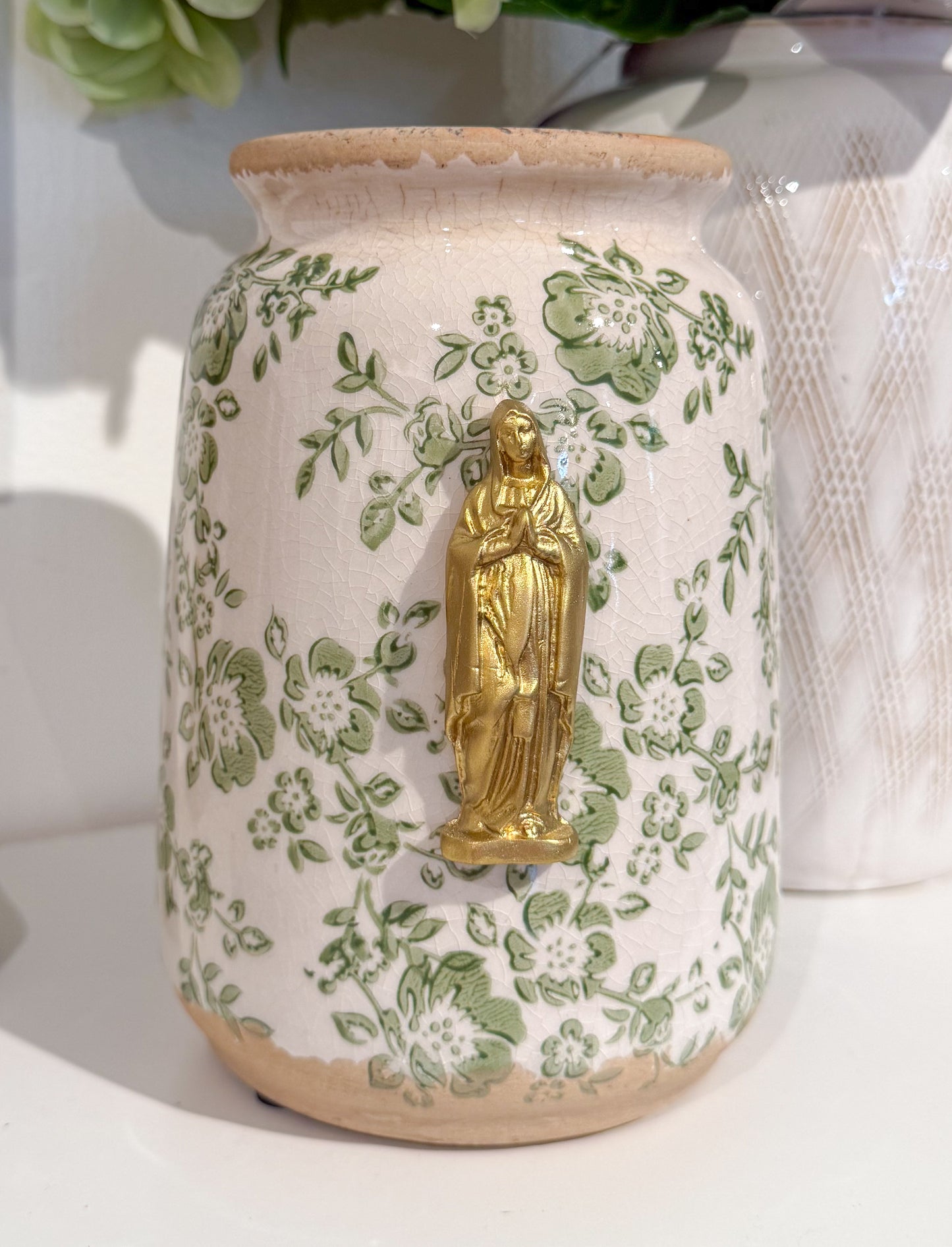 Mother Mary Intaglio Green/Beige Floral Vase