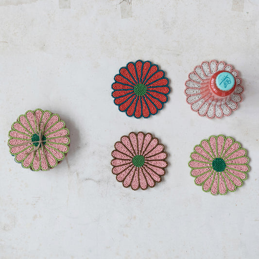 Glass Beaded Flower Shaped Coasters Set