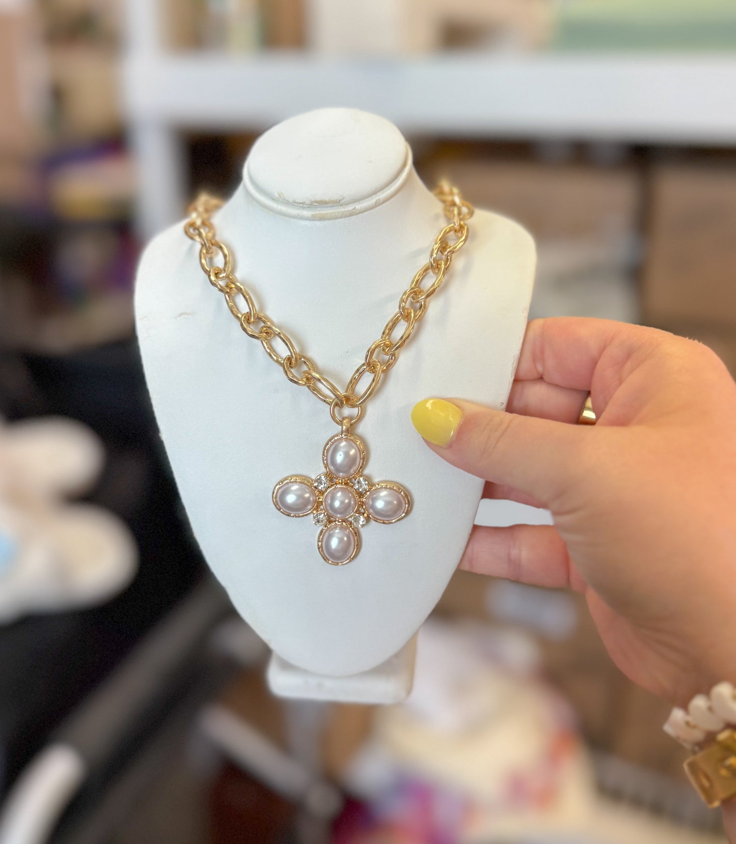 Chunk Chain Pearl Cross Necklace