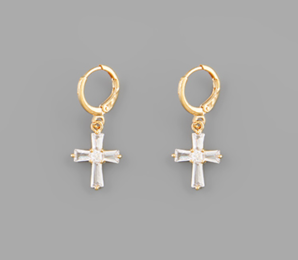 Gold Pave Cross Dangle Huggies