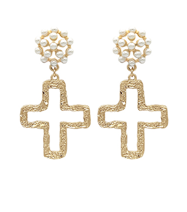 Cutout Cross & Pearl Cluster Drop Earrings