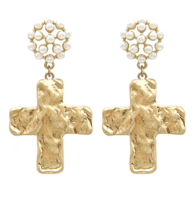 Hammered Cross Pearl Earrings | Gold