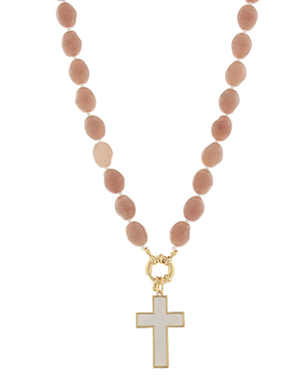 Oval Beaded Necklace | Marble Cross Pendant