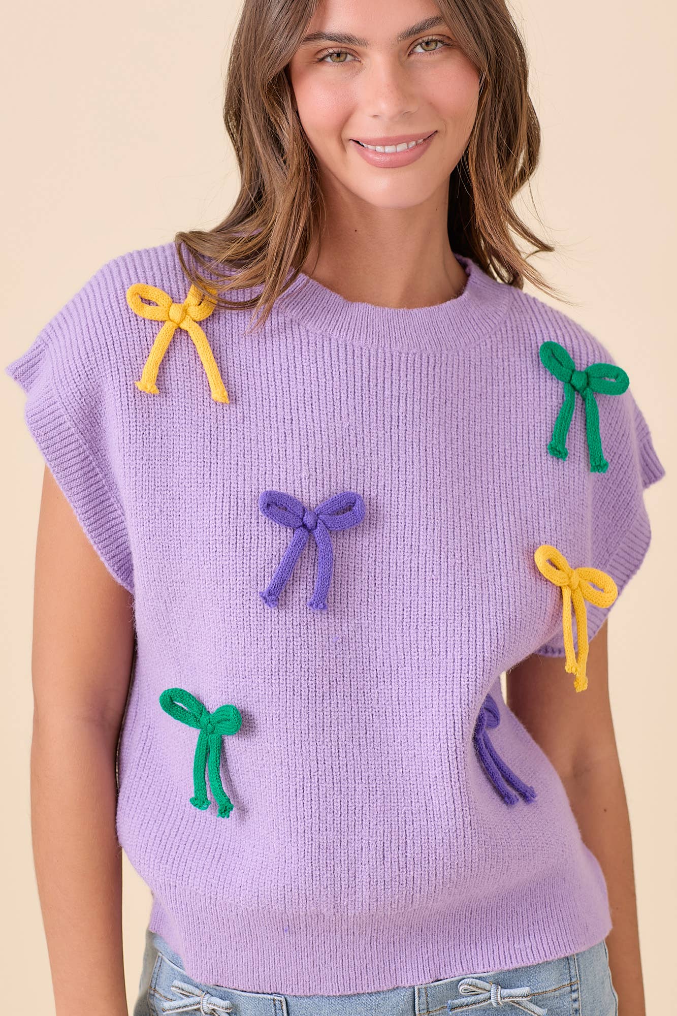 Mardi Gras Ribbon Bow Knit Top | Purple/Large