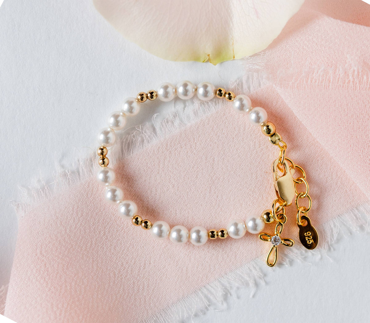 14K Gold-Plated/Pearl Cross Bracelet | 0-12m