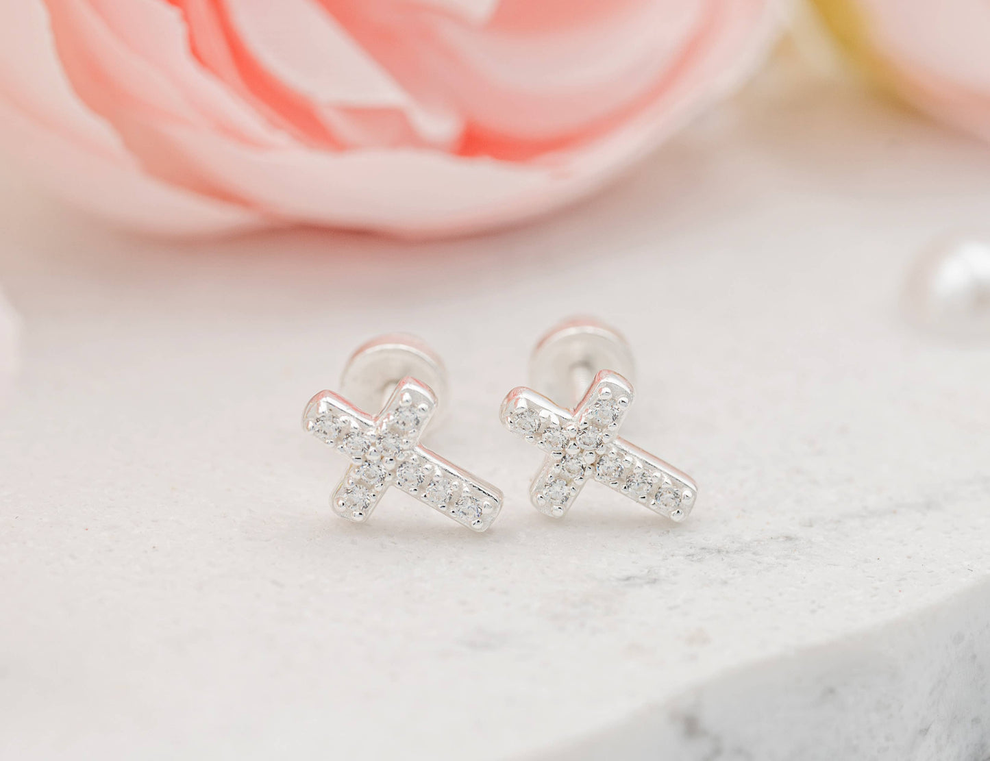 Sterling Silver Cross CZ Earrings