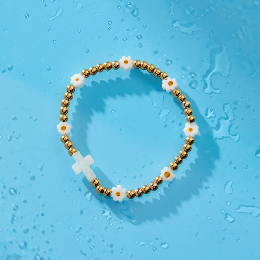 Holy Water Daisy Cross Bracelet | Gold