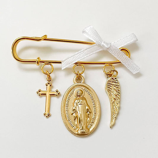 Mary Medal Lapel Pin w/ Bow | 3 Charms