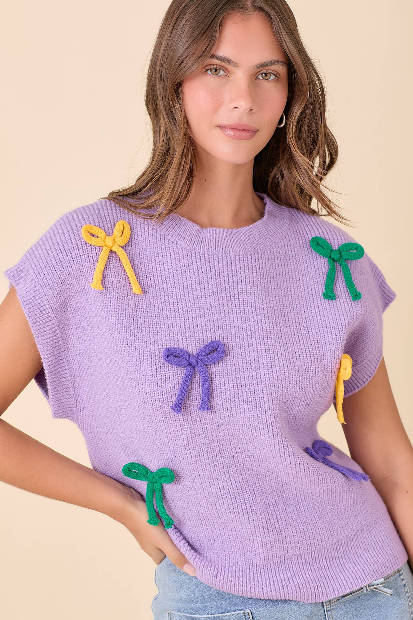 Mardi Gras Ribbon Bow Knit Top | Purple/Large