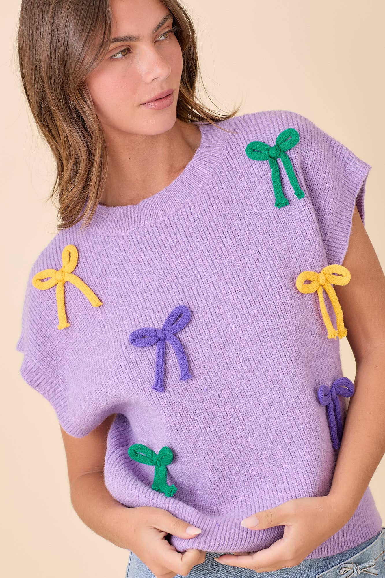 Mardi Gras Ribbon Bow Knit Top | Purple/Large