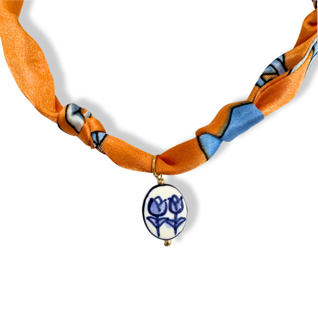 Scarf Bandana Blue Vintage Charm Necklace | Orange
