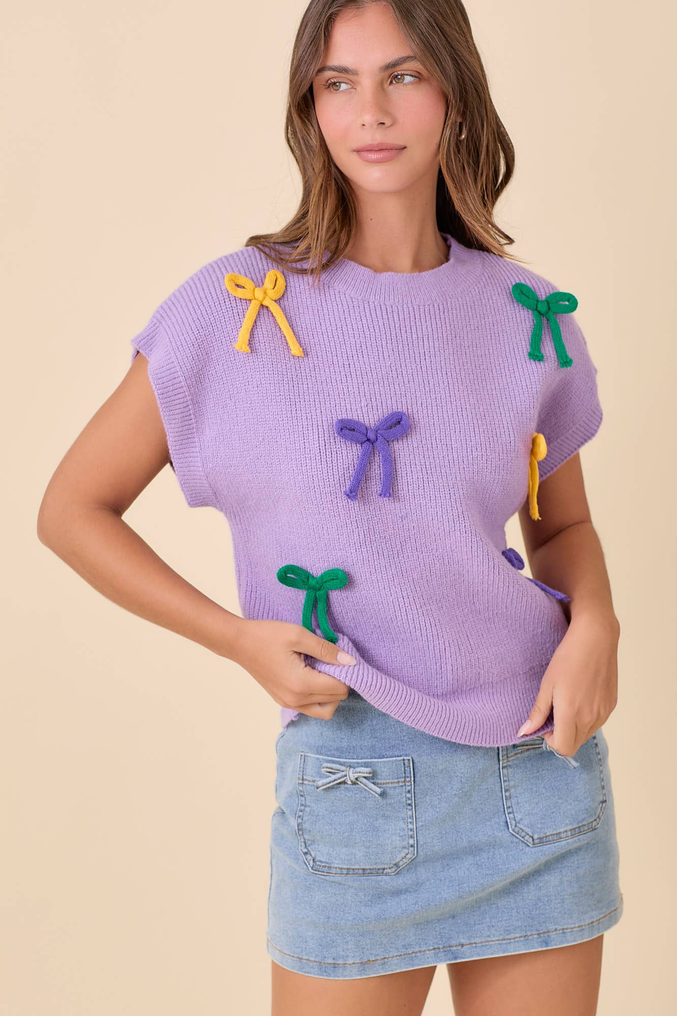 Mardi Gras Ribbon Bow Knit Top | Purple/Large