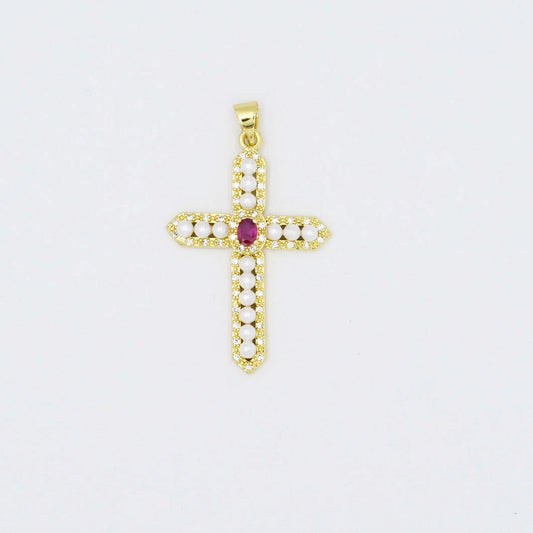 Pearl Gem Cross Charm |Rose