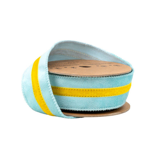 1.5" Wired Velvet Ribbon w/ Trim | Blue w/ Yellow Trim