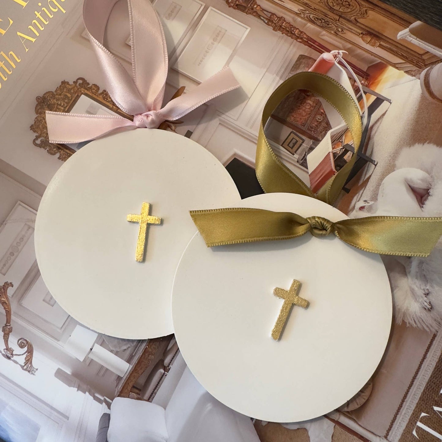 Tiny Cross Intaglio Ornament | Blue Ribbon