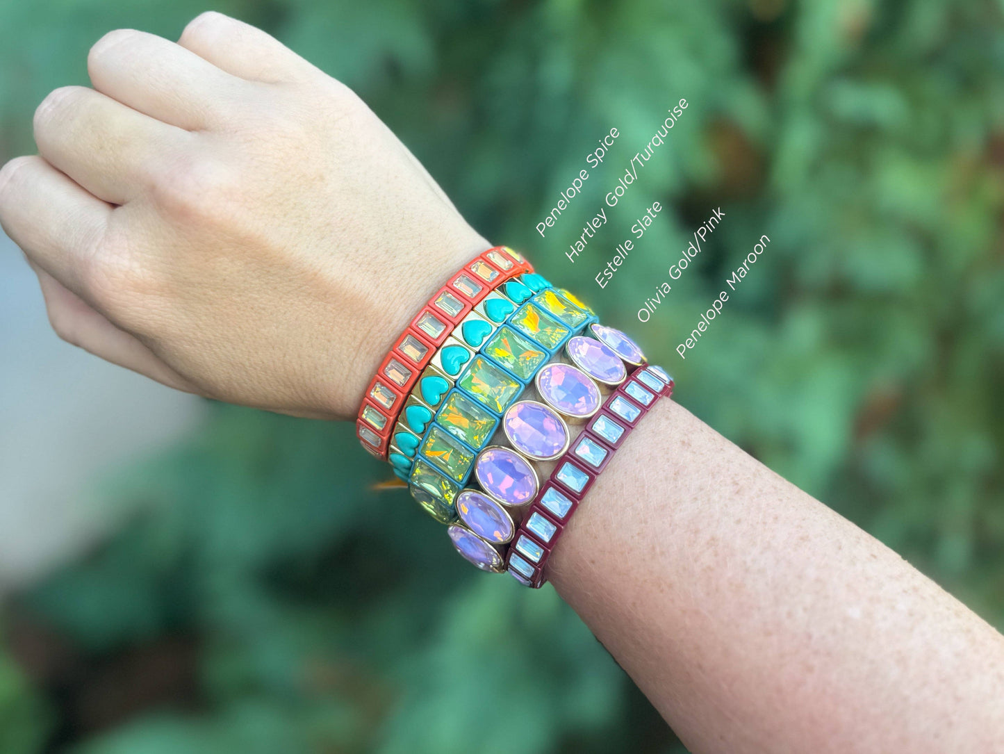 Large Square Stones Stretch Bracelet | Griffin Brown/Pink