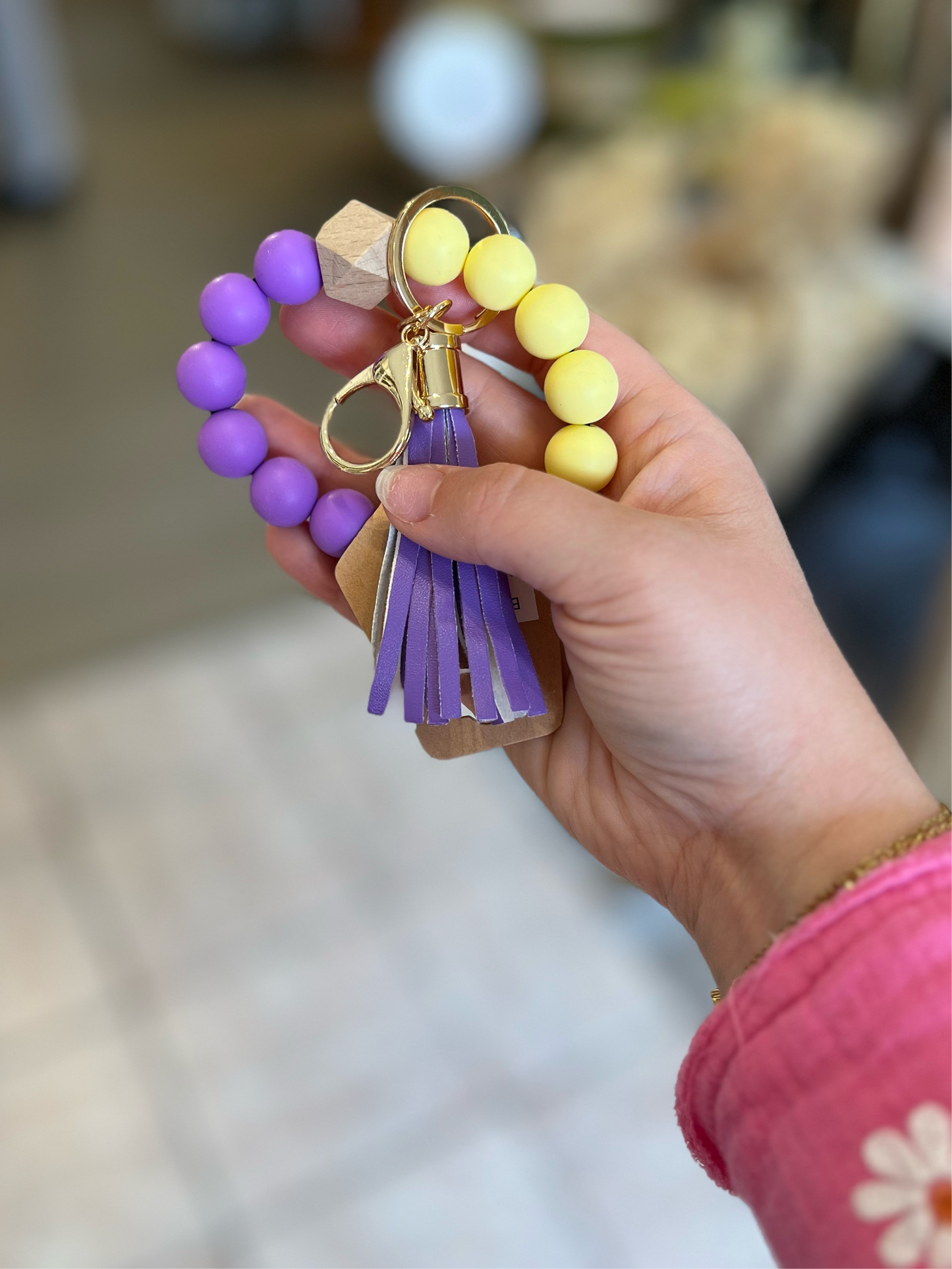 Silicone Beaded Keyring Bracelet | Purple/Yellow