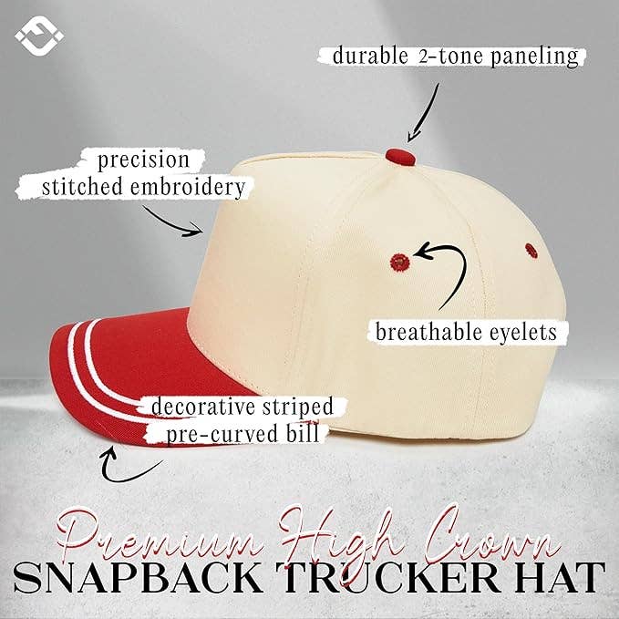 Embroidered Brim Two Tone Trucker Hat | Red/Beige