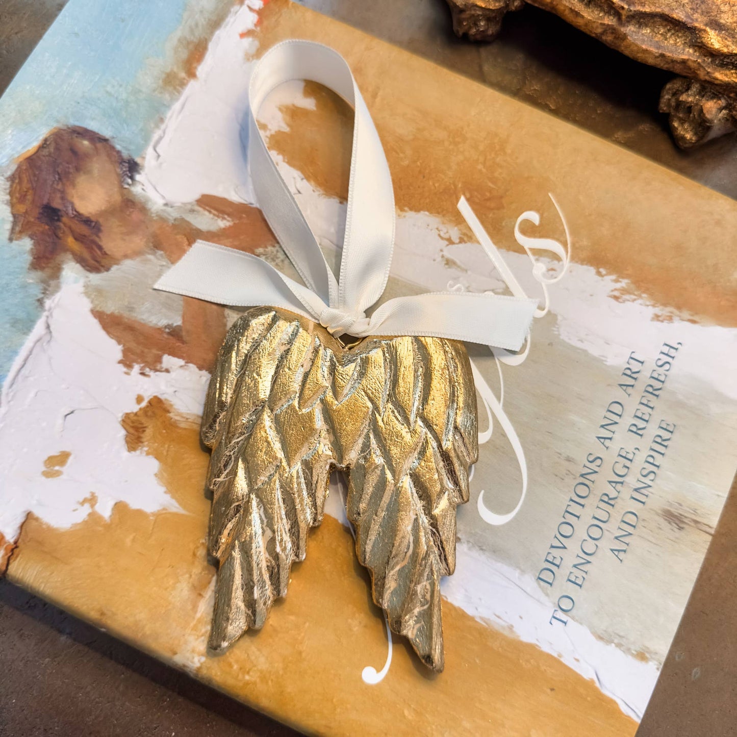 Angel Wings in Gold Ornament | White Ribbon