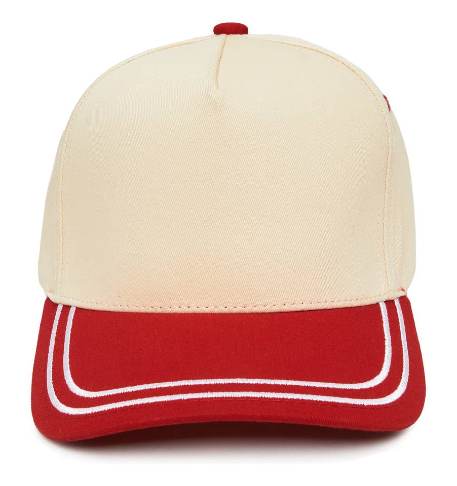 Embroidered Brim Two Tone Trucker Hat | Red/Beige