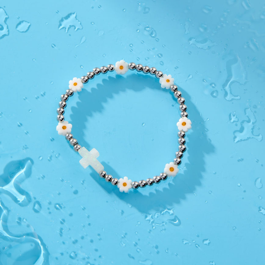 Holy Water Daisy Cross Bracelet | Silver