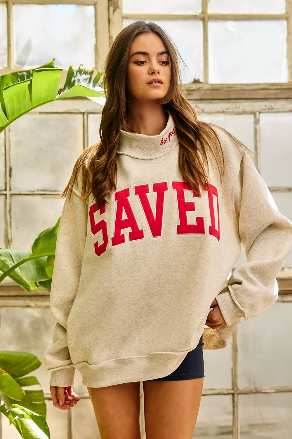 SAVED Embroidered Mock Neck Sweatshirt