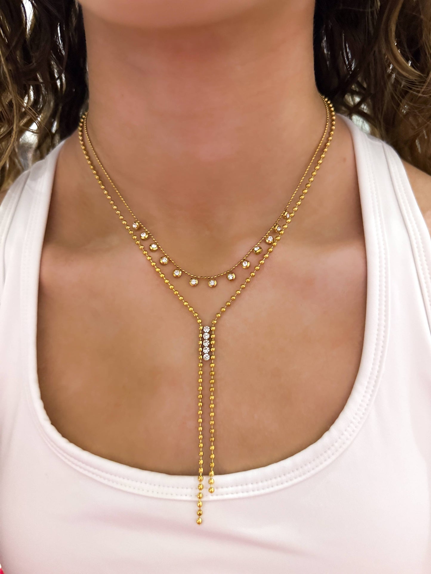 Double Beaded Lariat Necklace | Gold