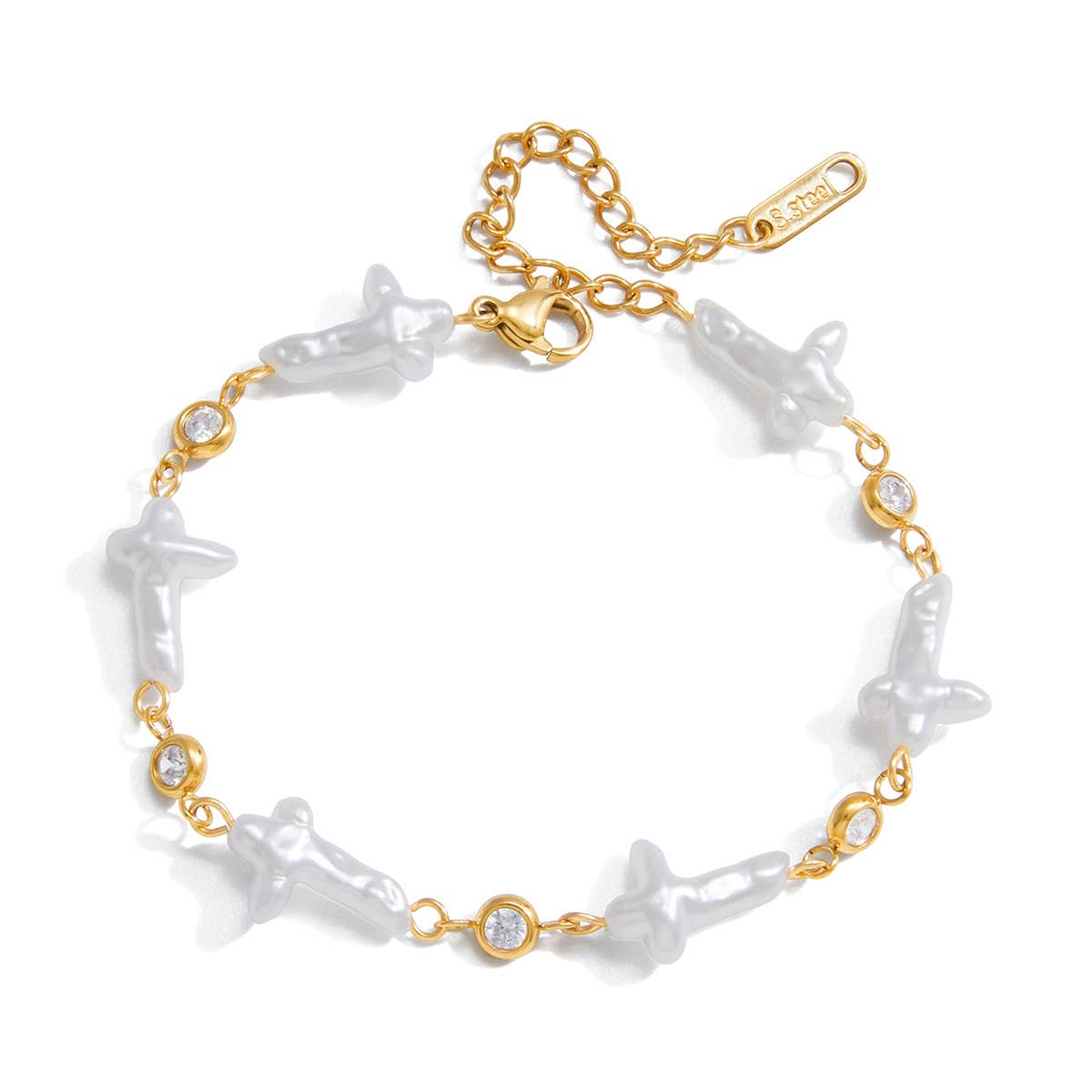 Pearl Cross CZ Bracelet | Gold