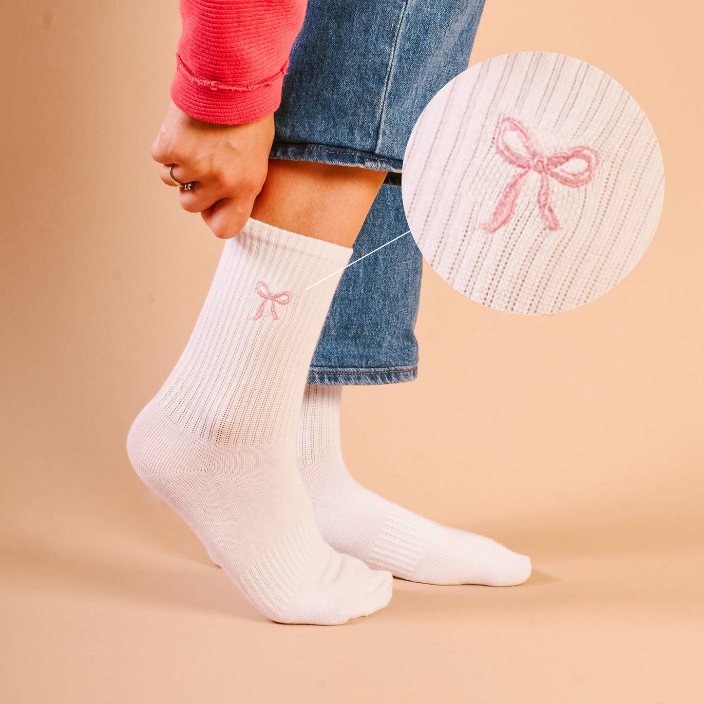 Embroidered Crew Socks | Pink Bow
