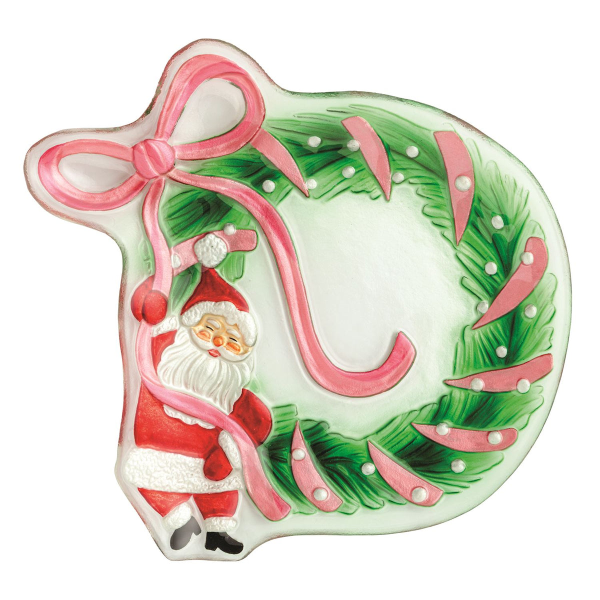 Glass Santa Bow Wreath Platter