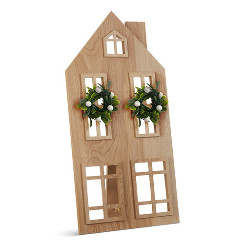 Wooden House w/ Mistletoe Wreaths | 23.75" H