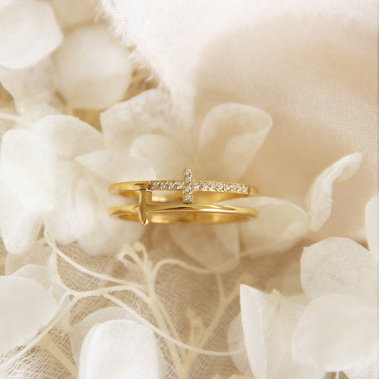 Pave Double Cross Ring: Gold | 8