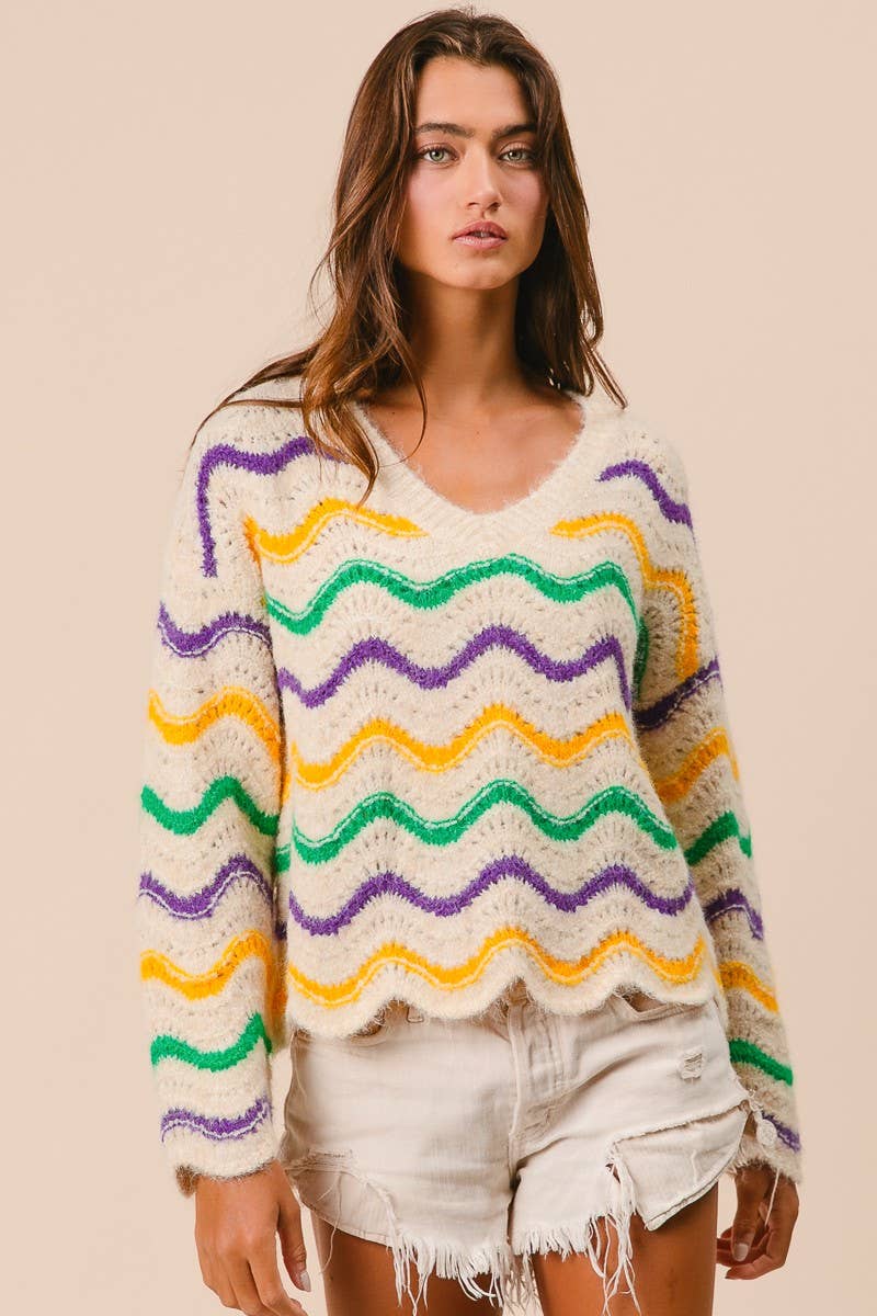 Mardi Gras Wavy Stripes V-neck Sweater
