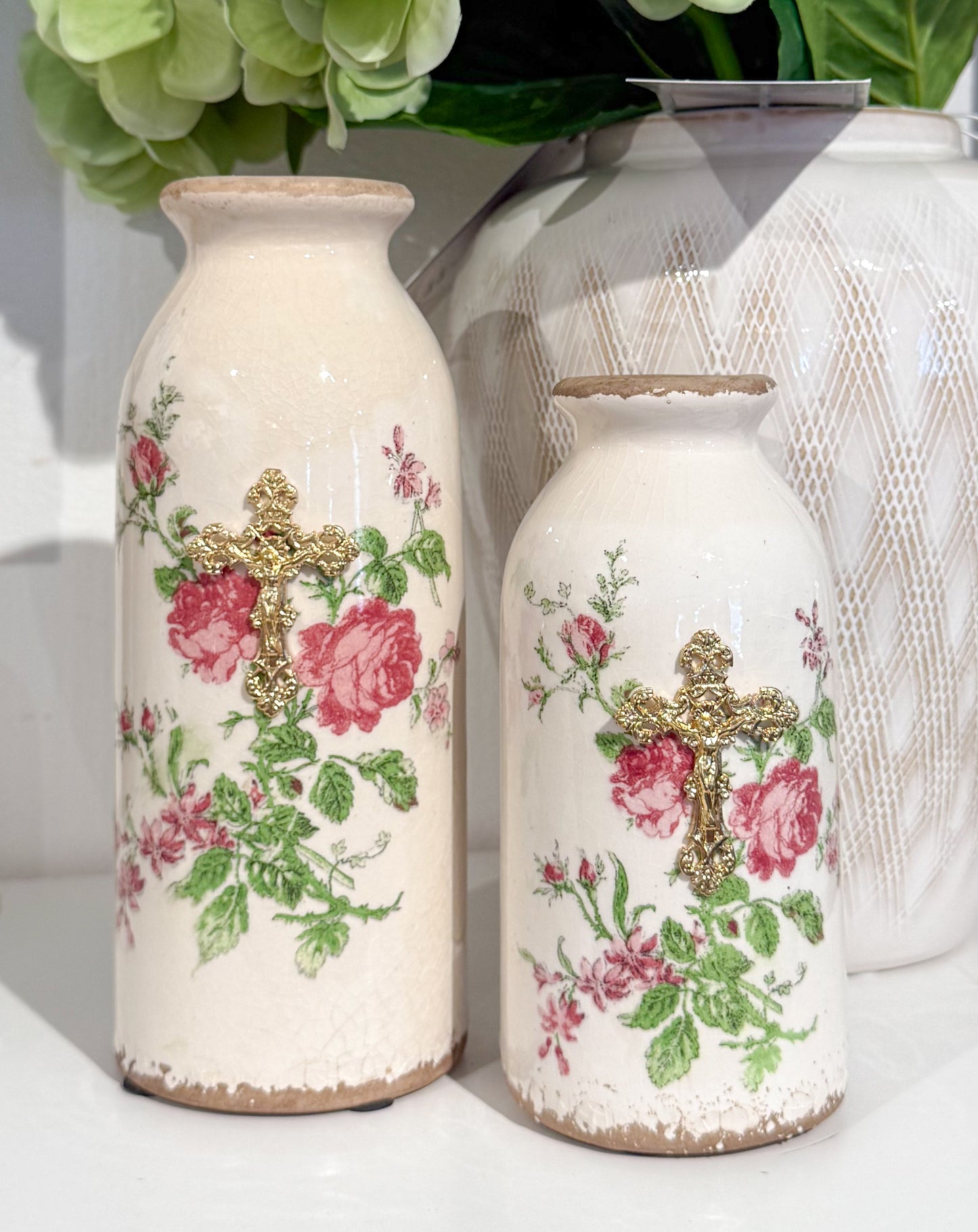 Crucifix on Pink/Green Floral Ceramic Small Vase