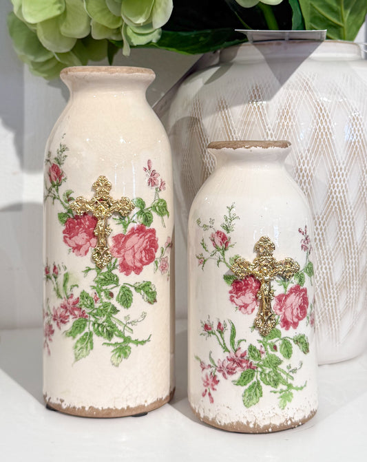 Crucifix on Pink/Green Floral Ceramic Small Vase