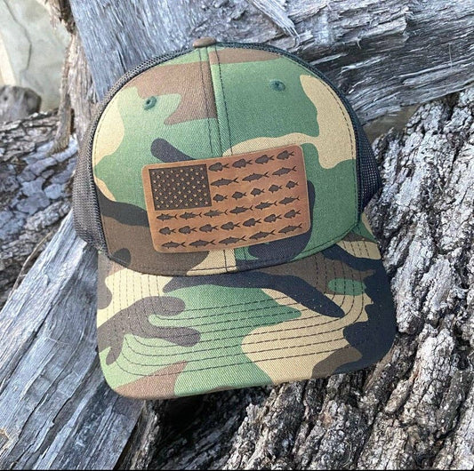Fish Flag Leather Patch Hat: Camo
