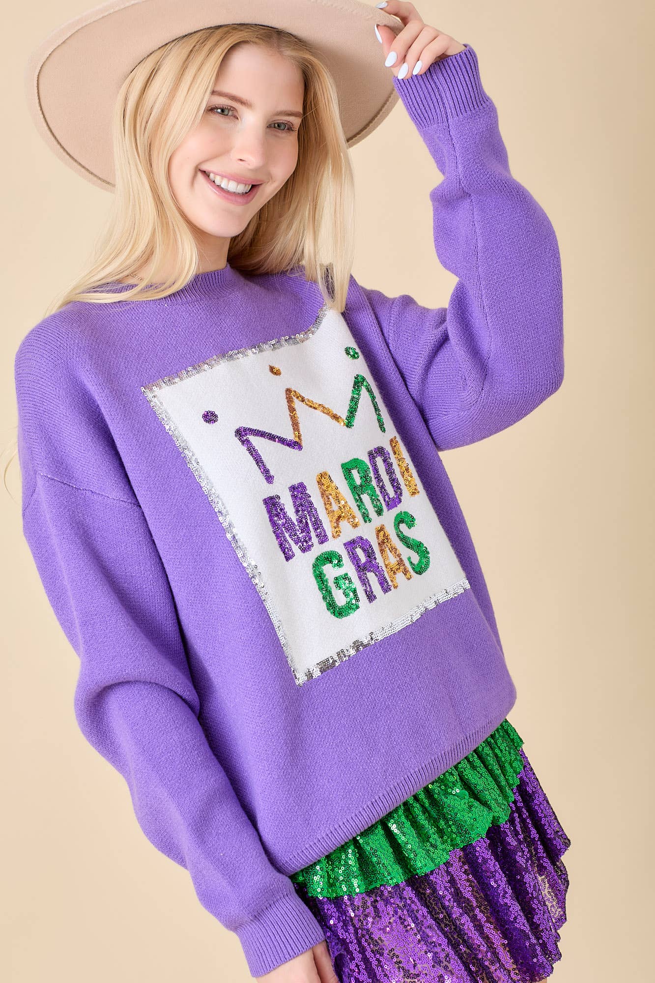 Mardi Gras Sequin Embroidered Sweater | Purple/Small