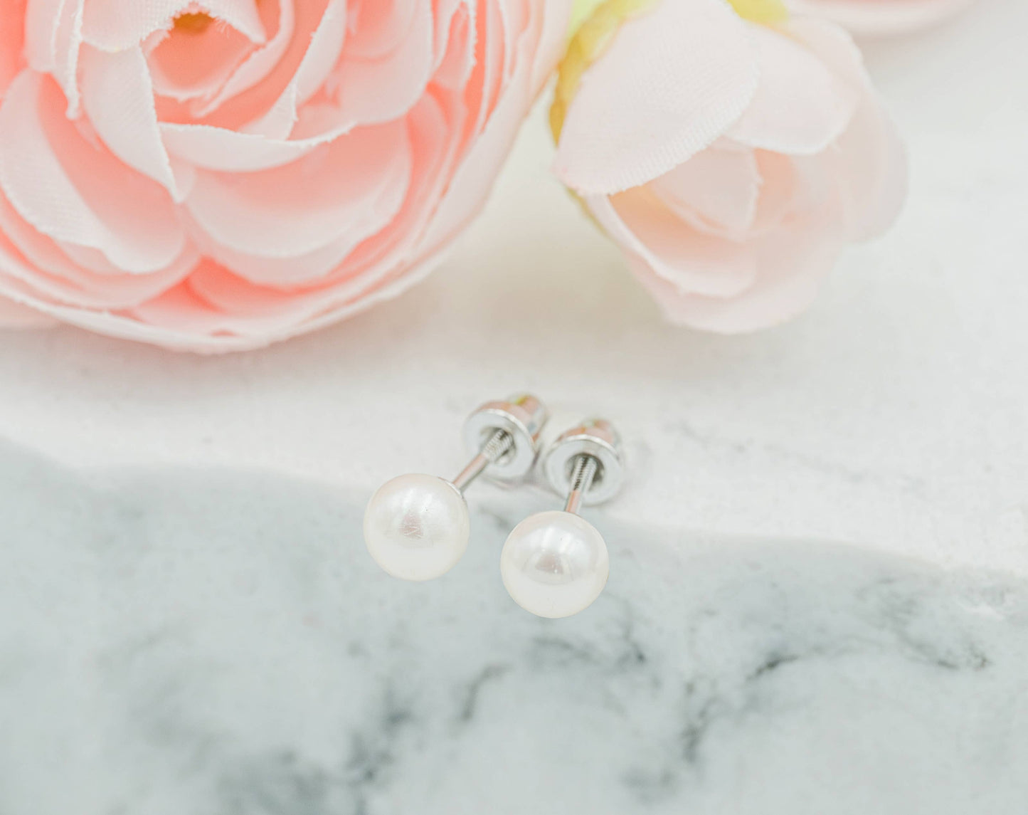 Sterling Silver White Pearl Earrings | Screw Back